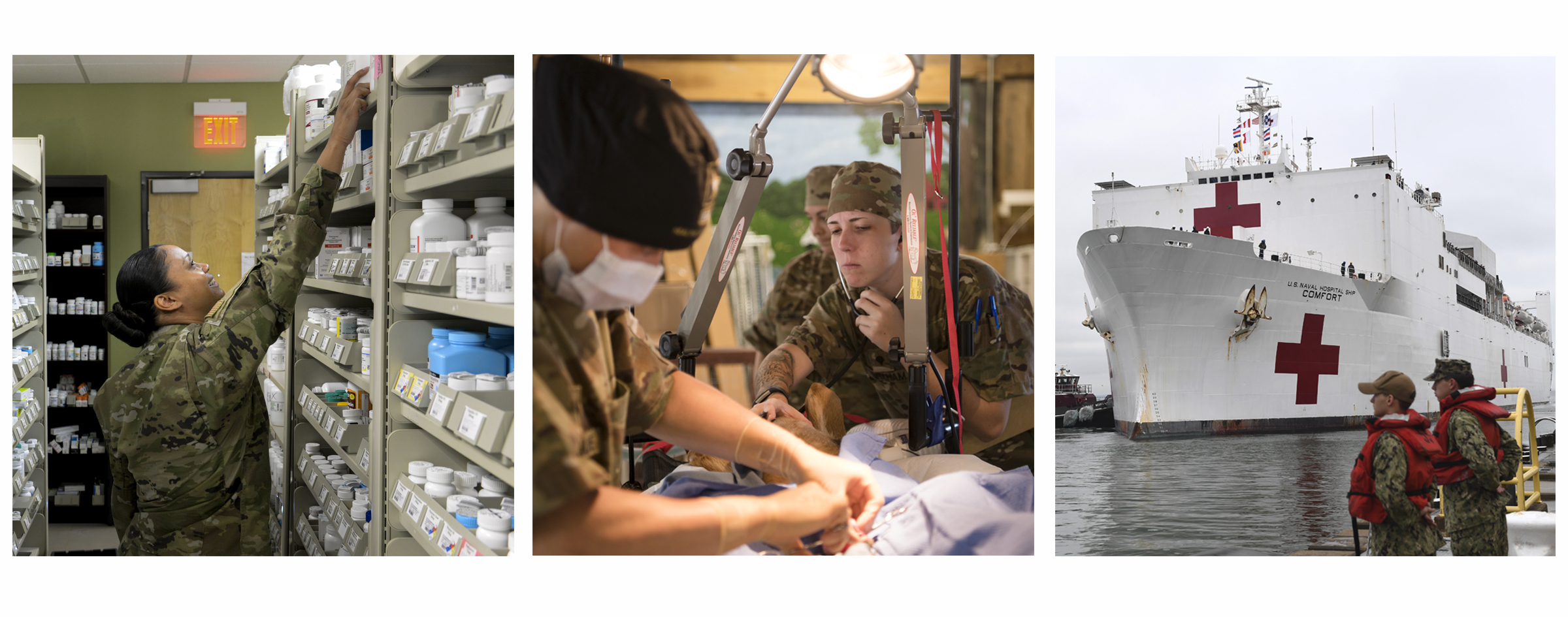 A collage of retrieving and using medical supplies, plus a medical ship
